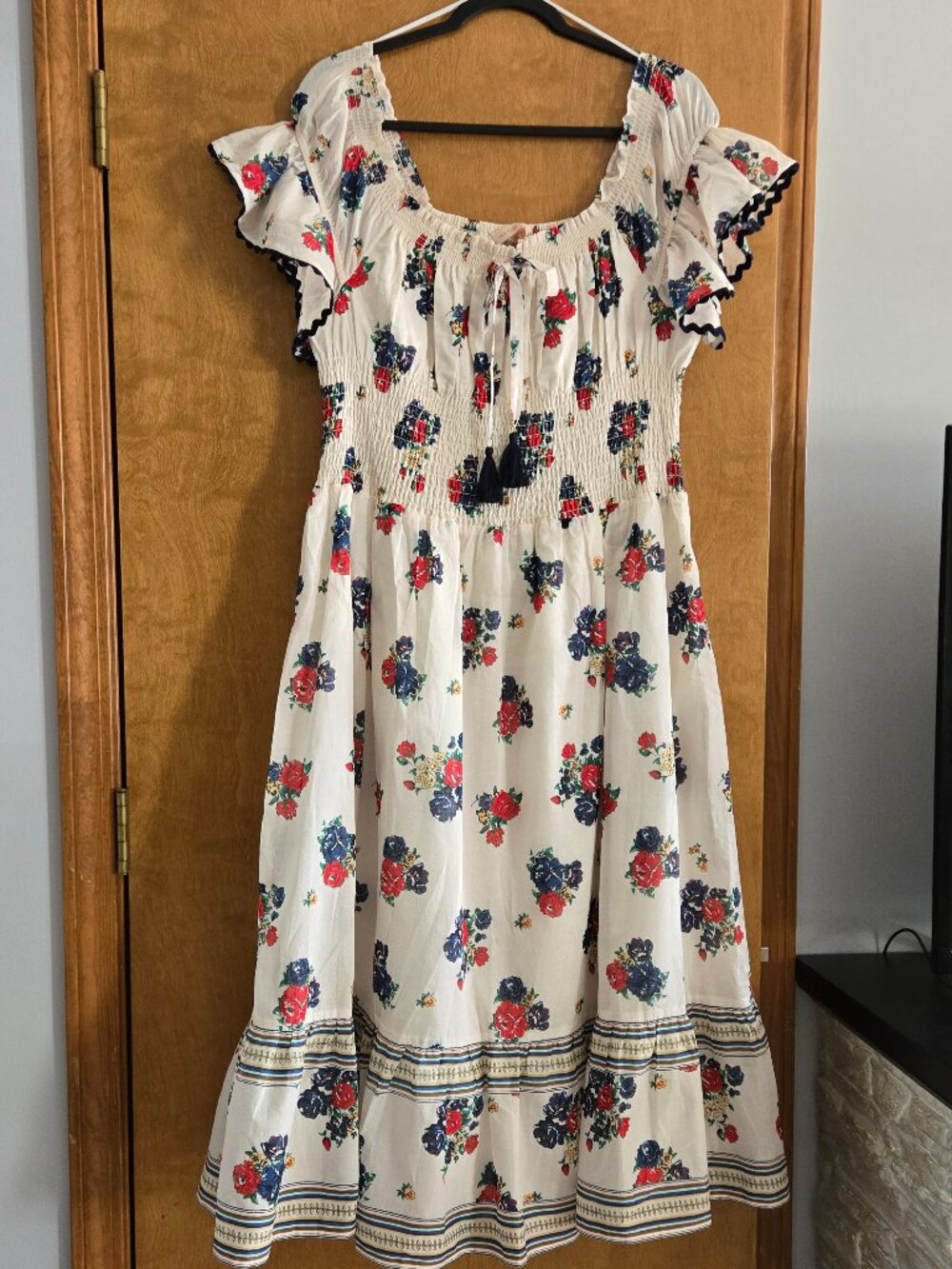 Tory Burch Smocked midi off shoulder dress Ivory Tea Rose Meadow Folly Medium